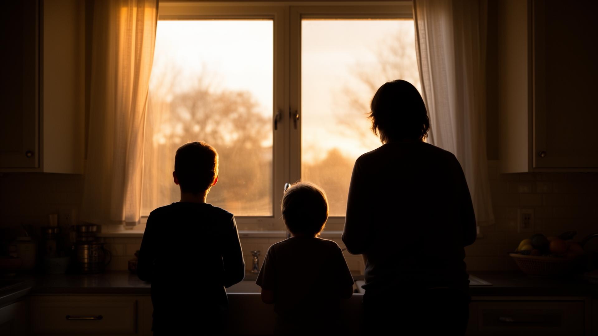 Family silhouettes at a kitchen window in warm evening light