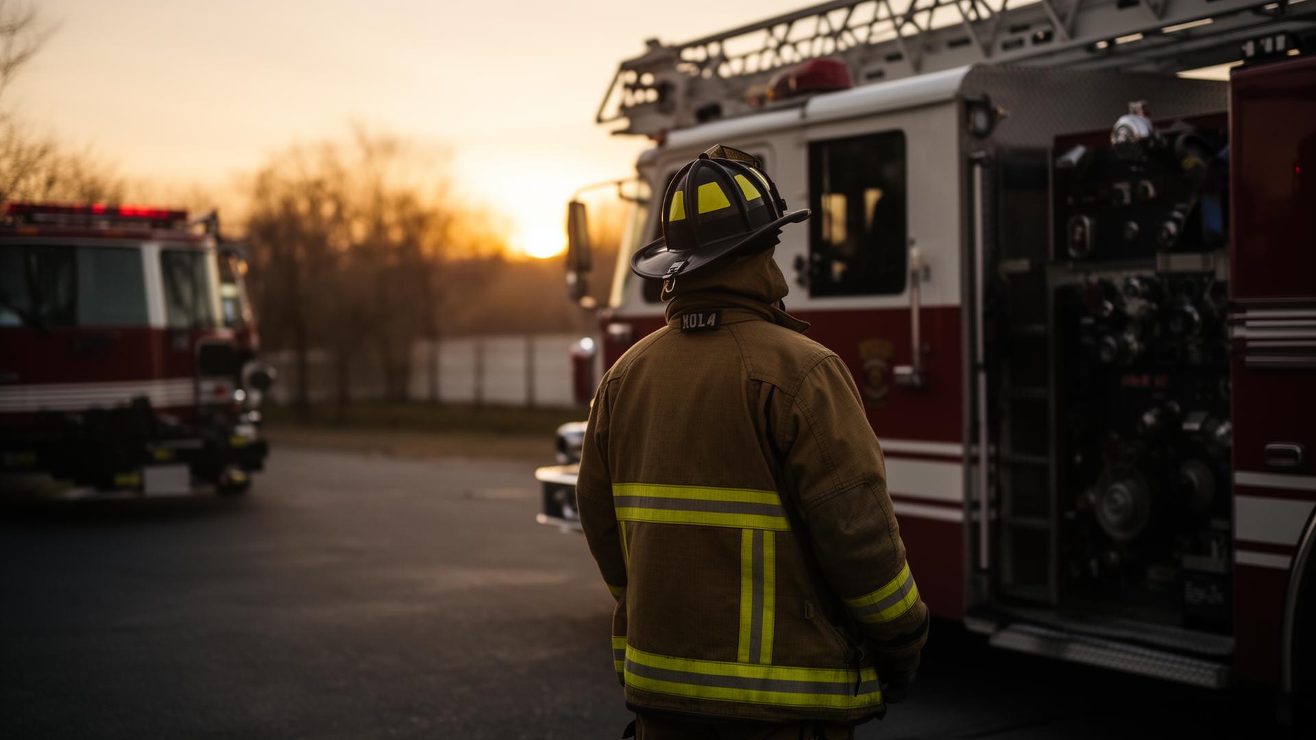 Firefighter at dusk near a fire engine