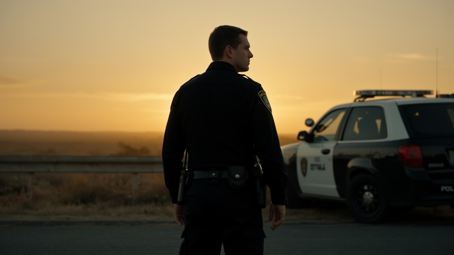 A police officer standing at dusk near a patrol vehicle